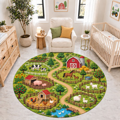 "Ultra Thin" 6' x 6' Farm Animals Barn Cows Horses Sheep Round Area Rug, Soft Low Pile Indoor Rug and Non-Slip Silicone Backing Carpet for Nursery, Kids Room and Playroom
