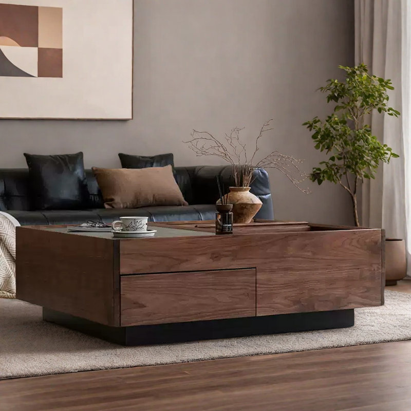 Solid wood minimalist granite slab coffee table, 14.37" H x 39.37" L x 27.55" W