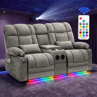Canapé inclinable électrique avec console, massage et chaleur lombaire, éclairage à DEL RVB, siège de cinéma maison avec haut-parleur Bluetooth, porte-gobelets et ports USB