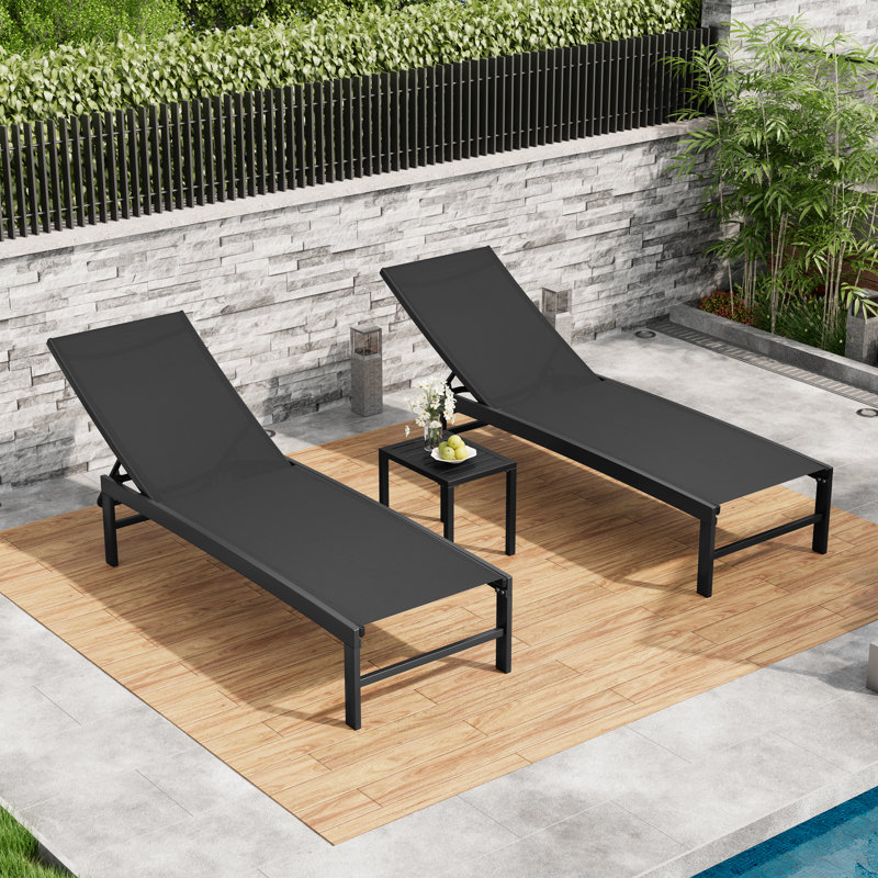 Ensemble de chaise longue inclinable en métal pour patio avec table d'appoint en aluminium, Noir