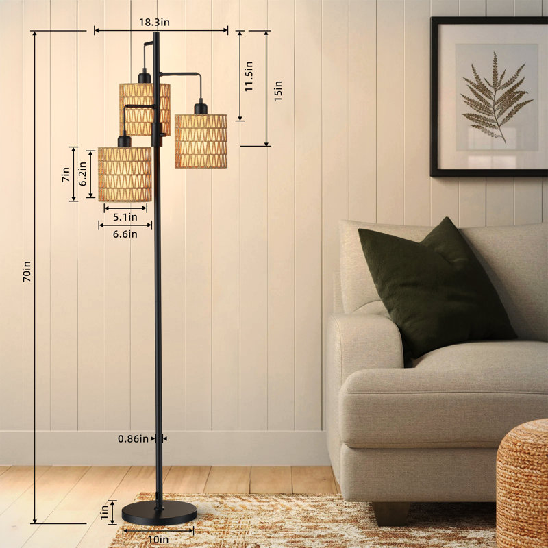 Lampe sur pied en rotin avec 3 ampoules incluses et double abat-jour Barbetta