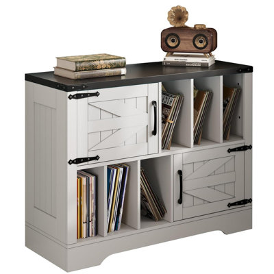 39in Large Vinyl Record Storage, Farmhouse Wood Turntable Record Player Stand with Storage Cabinet and 2 Barn Doors for Living Room Bedroom by Ophelia & Co.