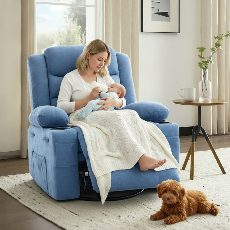 Extendable Armrest Swivel Glider Chair, 360° Rotation Rocking Chair With Cup Holders & Side Pockets, Blue Chenille