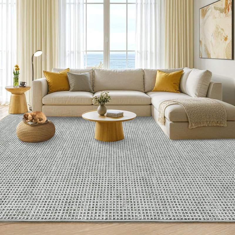 6'x9' Soft Plaid Washable Area Rug, Thin Modern Stain Resistant Carpet for Home Office, Light Grey, Rectangle 6' x 9'
