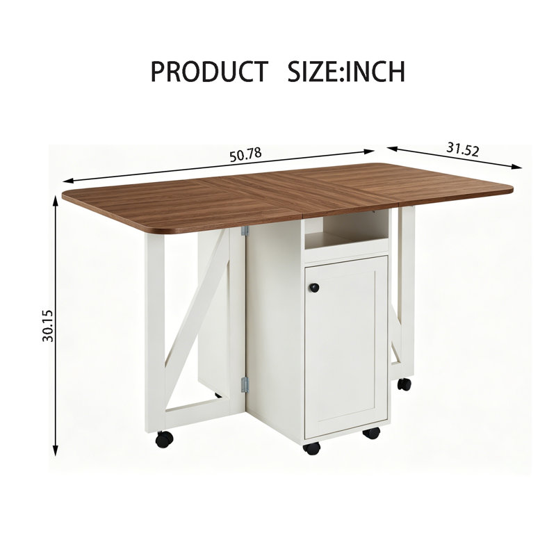 Drop-Leaf Foldable Dining Table With Storage & Lockable Wheels, Walnut/Beige White
