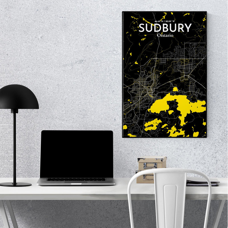 Sudbury City Map, impression, H 36 po x l 24 po, Noir/jaune