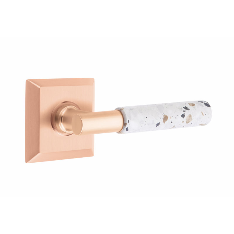 Emtek Select Privacy Leverset, Quincy Rosette, T-Bar Stem, Light Terrazzo Handle, LH, Left, Satin Rose Gold/Light Terrazzo