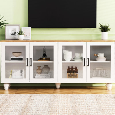 Élégante table télé avec pieds en bois massif en forme de gourde, portes en verre trempé, tablettes réglables, 70 po, meuble-buffet blanc pour téléviseur, fabrication, finition