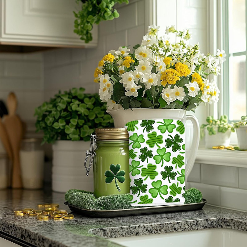 Set Of 2 Green Bowknot Lucky Shamrock Kitchen Towels, St. Patrick’S Day Farmhouse Holiday Decor