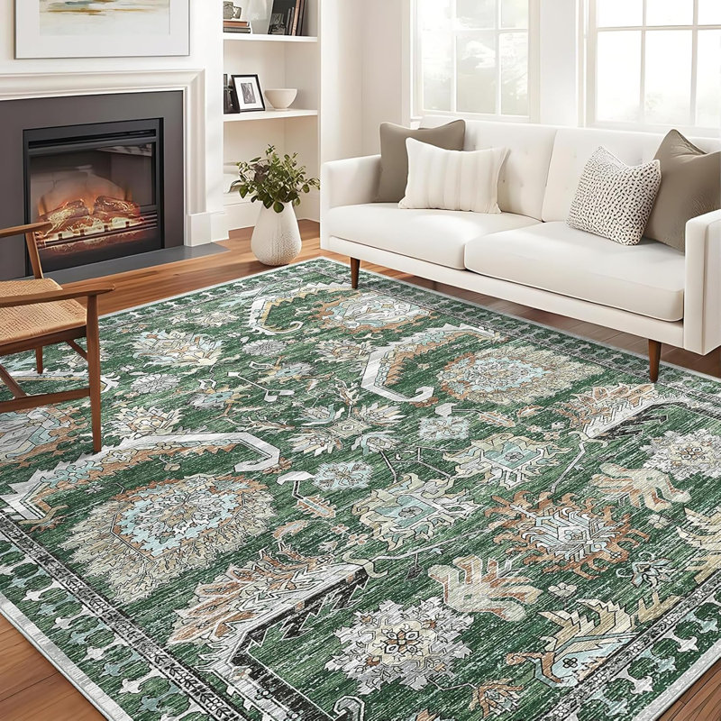 Washable Area Rug Thin Soft Vintage Indoor Rug or Dining Non-Slip Throw Rug Foldable Carpet Entry Playroom Green