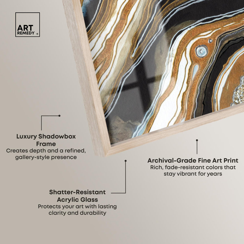 Ensemble de décorations murales « Geode » avec cadres-cadres abstraits noir et or par Art Remedy, cadre blanc, 16 x 24