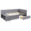Lit plateforme simple tapissier en forme de L avec rangement et tiroirs