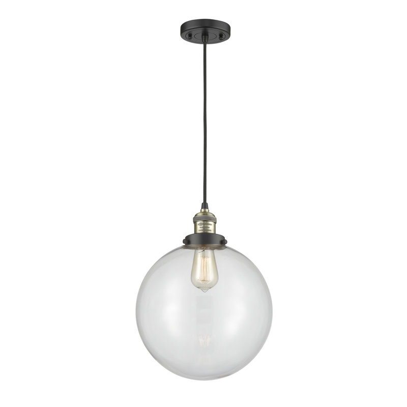 Luminaire sphère suspendu 1 lumières simple Lorene, Laiton antique noir, Transparent, Ampoule non incluse