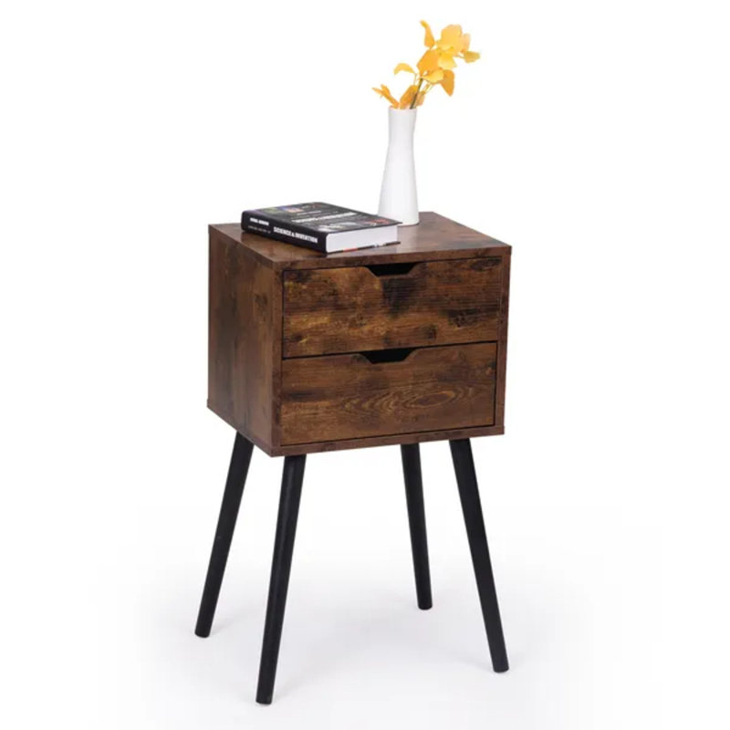 15.8"×11.9"×28.1"h Rustic Brown 2-drawer Nightstand, Bedside Table With Solid Wood Legs, Multifunctional Storage End Side Table For Bedroom Living Room