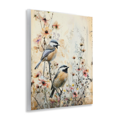 Plaque murale Sparrows perchée sur des fleurs, design par Arlington Prints