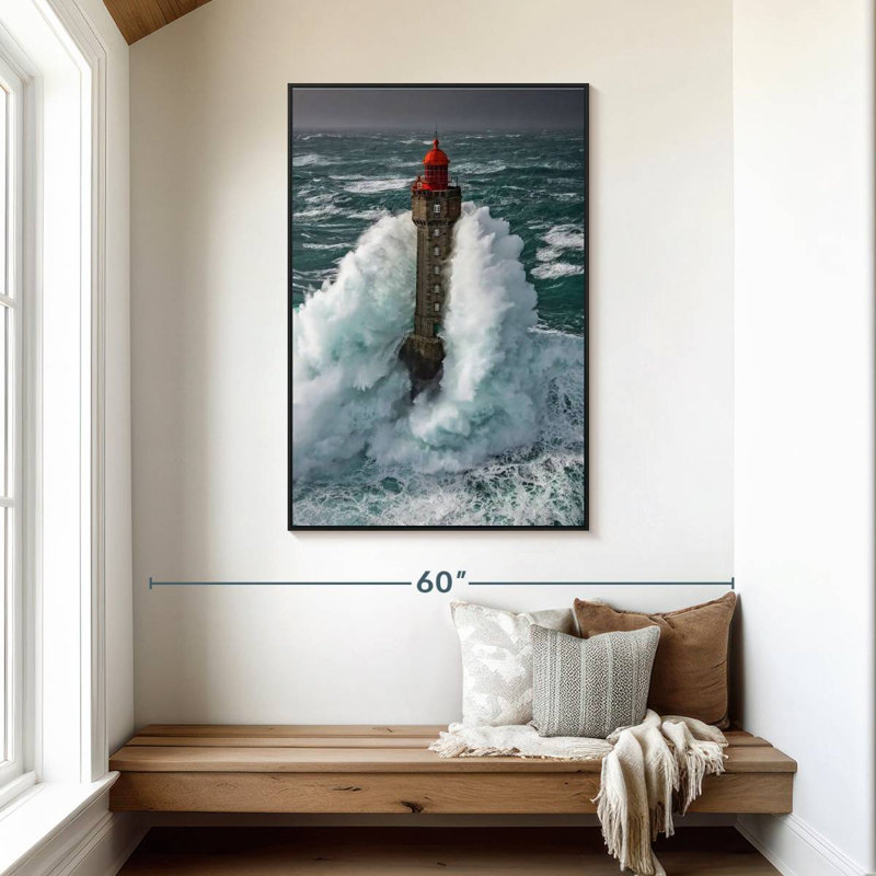 Tempête au phare de La Jument, 31 po x 46 po, Cadre flottant noir