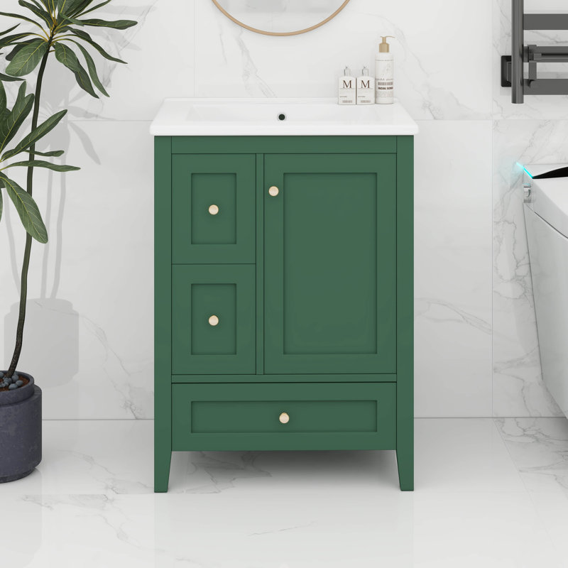 24-Inch Bathroom Vanity With Ceramic Sink, Adjustable Shelf And Storage, Dark Green