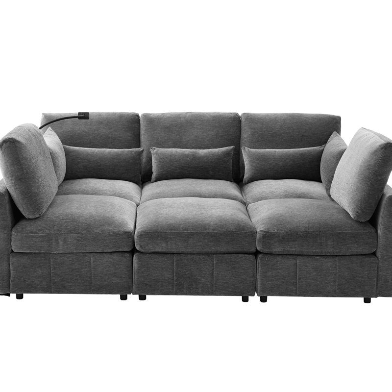 L-Shaped, Sectional , Living Room, Movable , Ports, Phone Holder, Chenille Upholstery, Grey Grey, Modular, Bed, Reconfigurable Charging, Lumbar Pillows, Easy To Assemble