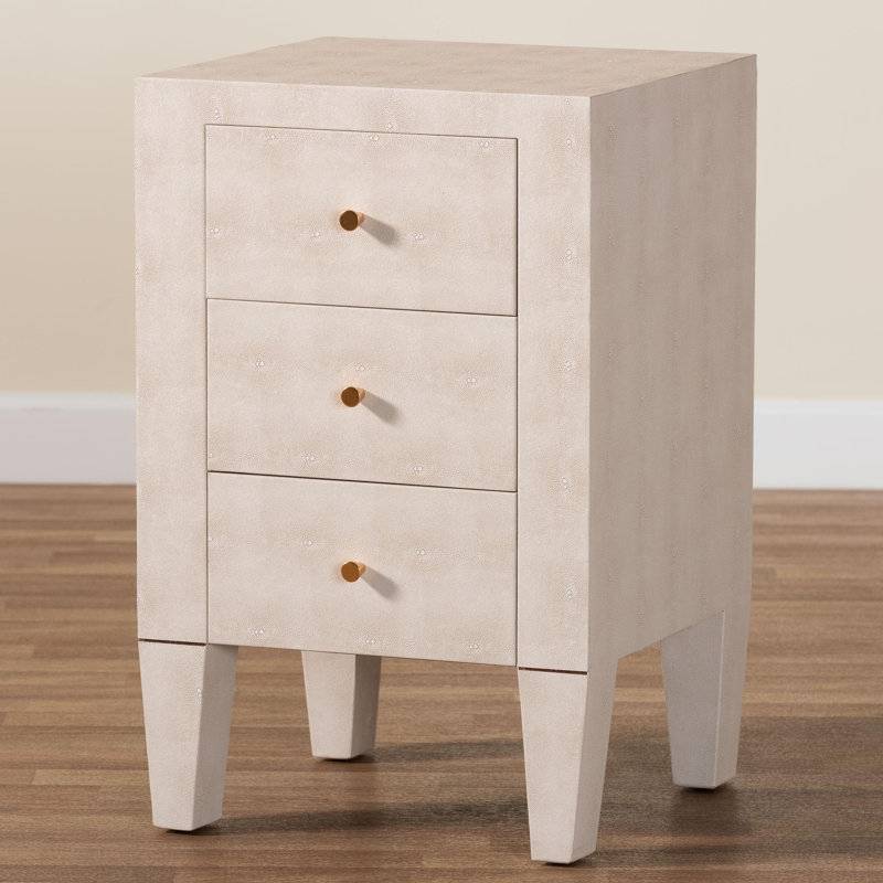 Foye Baxton Studio Leyna Modern Beige Faux Shagreen 3-Drawer End Table