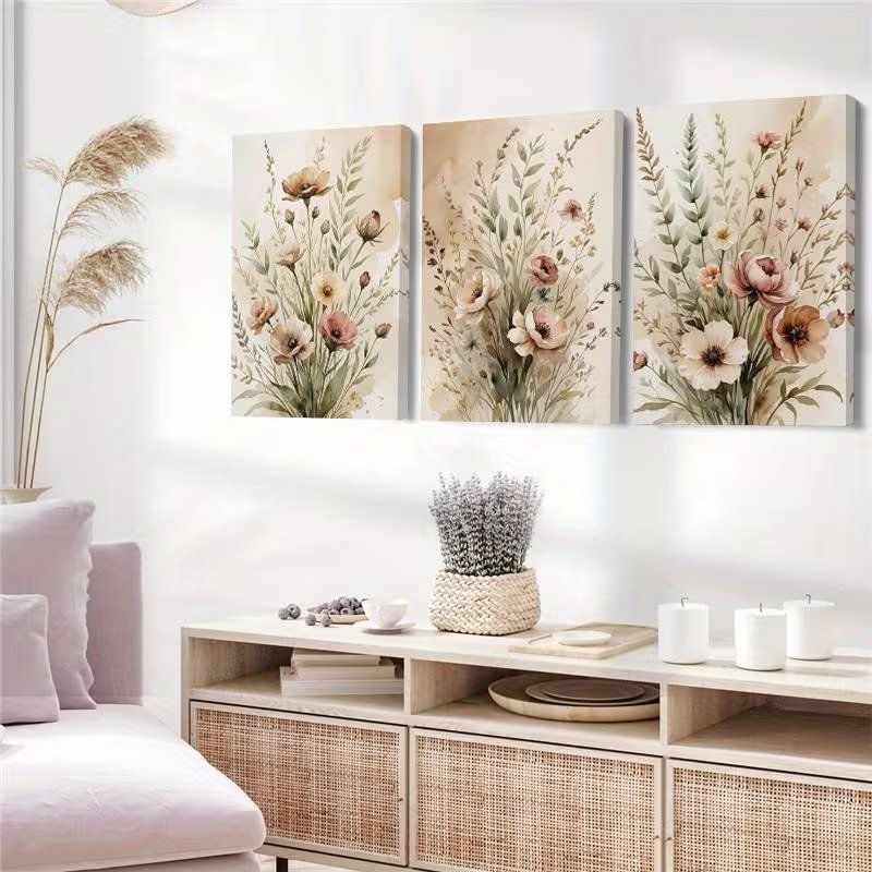 Tableau sur toile bohème en trois parties, motif floral sauvage, 40 x 90 cm (16 x 36 pouces), idéal pour le salon.