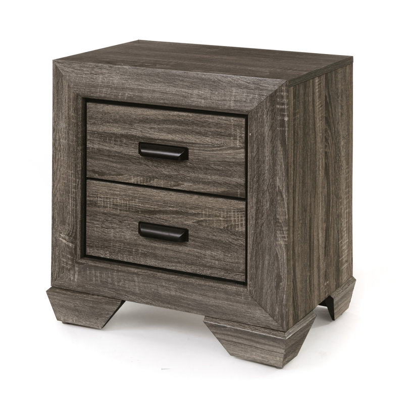 Table de chevet grise avec texture grain vieilli - 2 tiroirs spacieux, glissières centrales en métal, style pieds Shaker, placage de papier 3D, bordures, H 27 po x l 24 po x P 17 po, système coulissant, pieds classiques, construction,