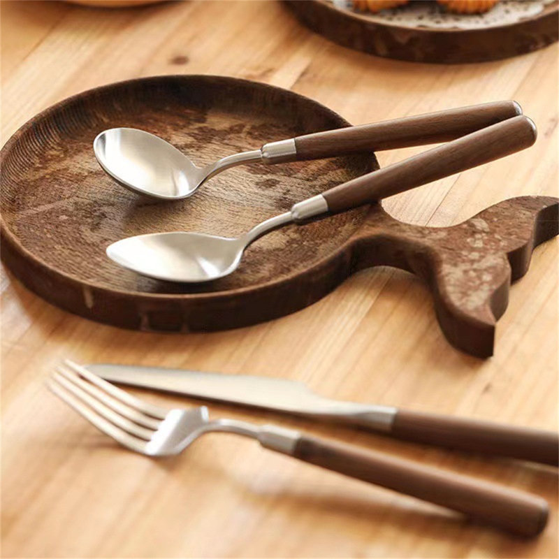 Walnut Wood & Stainless Steel Flatware Set - Vintage Style With 16 Pieces For Dining