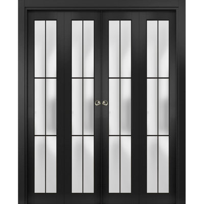 Sliding Closet Double Bi-Fold Doors | Planum 2122 Silk With Frosted Glass | Sturdy Tracks Moldings Trims Hardware Set | Wood Solid Bedroom Wardrobe Doors