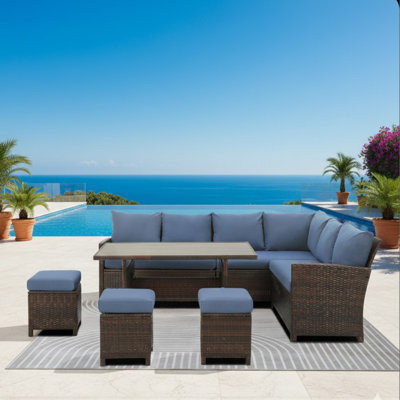 7 Piece Wicker Patio Dining Set 9-Seat Outdoor Sectional Blue Cushions Sofa With Ottomans & Dining Table Porch Backyard Garden