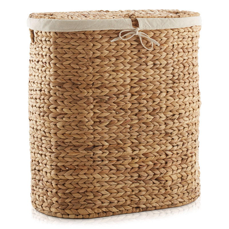 Casafield Oval Laundry Hamper with Lid, 2-Section Water Hyacinth Laundry Basket, Tan