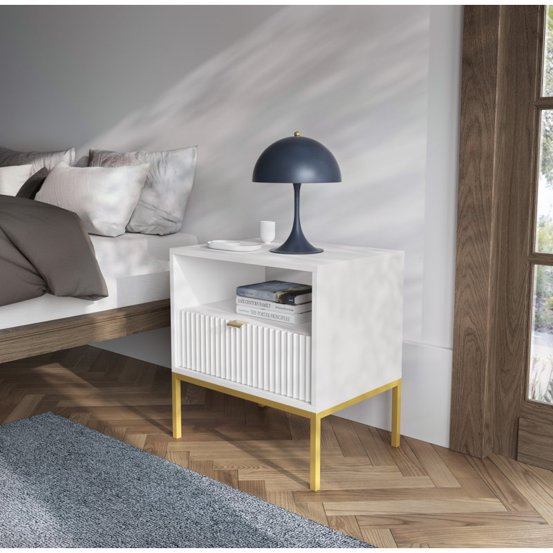 Bernhardine 54cm W Steel Bedside Table, Golden, White