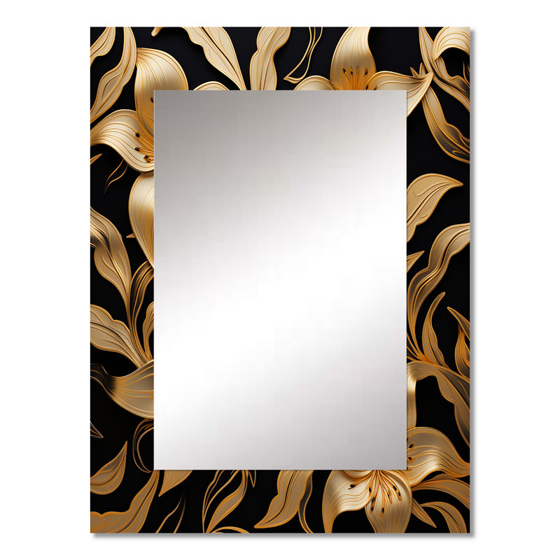 Golden Lily Flower Glam On Black VII - Lily, miroir mural unique, 32 po x 24 po