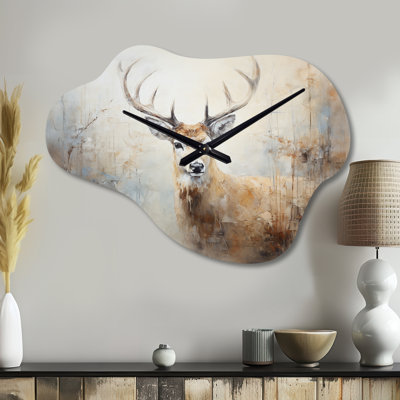 Tukhig Minimalism Beige Deer Portrait IV - Deer Cloud Metal Clocks, Beige Asymmetrical Metal Wall Clock Print