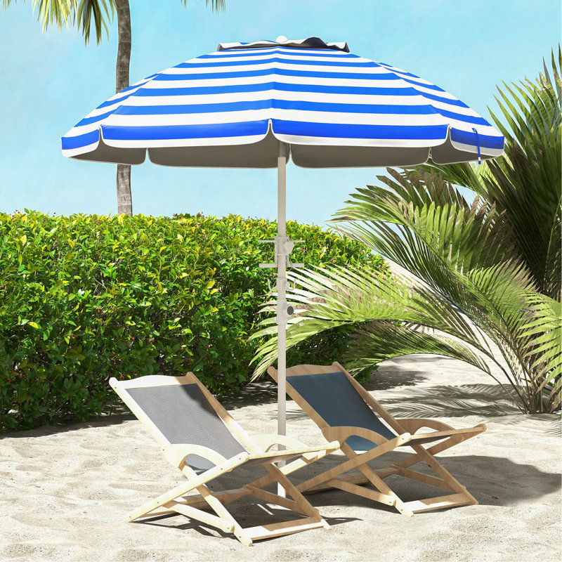 5. Parasol de plage portatif de 7 pi avec inclinaison, hauteur réglable, 2 porte-gobelets et crochets, parasol d'extérieur à volants UV 40+ avec auvent ventilé, rayure bleu blanc