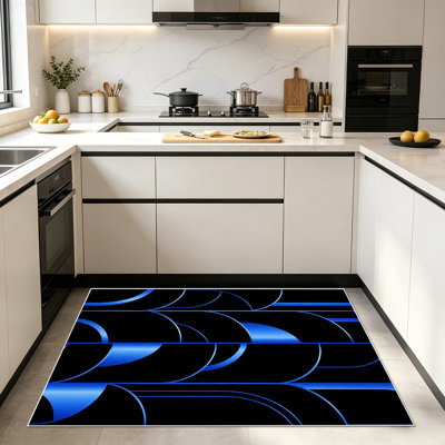 Tapis à motif géométrique et abstrait géométrique bleu et noir 1pc pour le salon, doux et confortable, convenant à toutes les saisons, facile à entretenir, lavable à la machine, tapis de ferme sous la table convenant au salon, ...