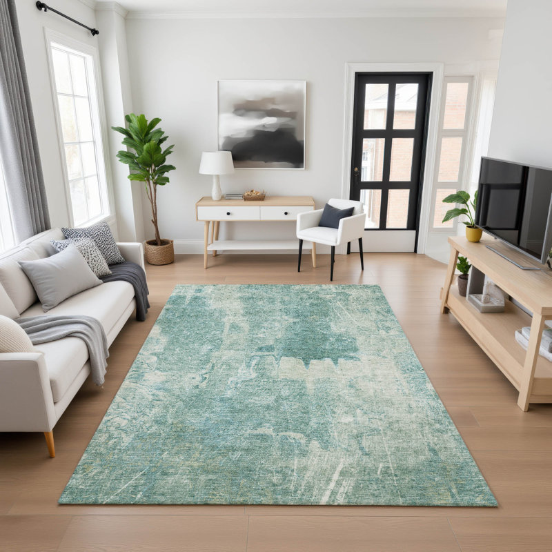 Premium Machine Washable Mayfield AMF2226 Abstract Rug, Teal, 8' x 10'