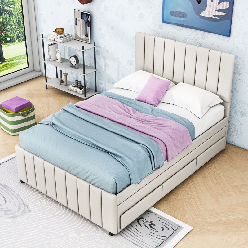 Lit plateforme tapissier à trois tiroirs avec lit gigogne et lattes, Beige, Complète
