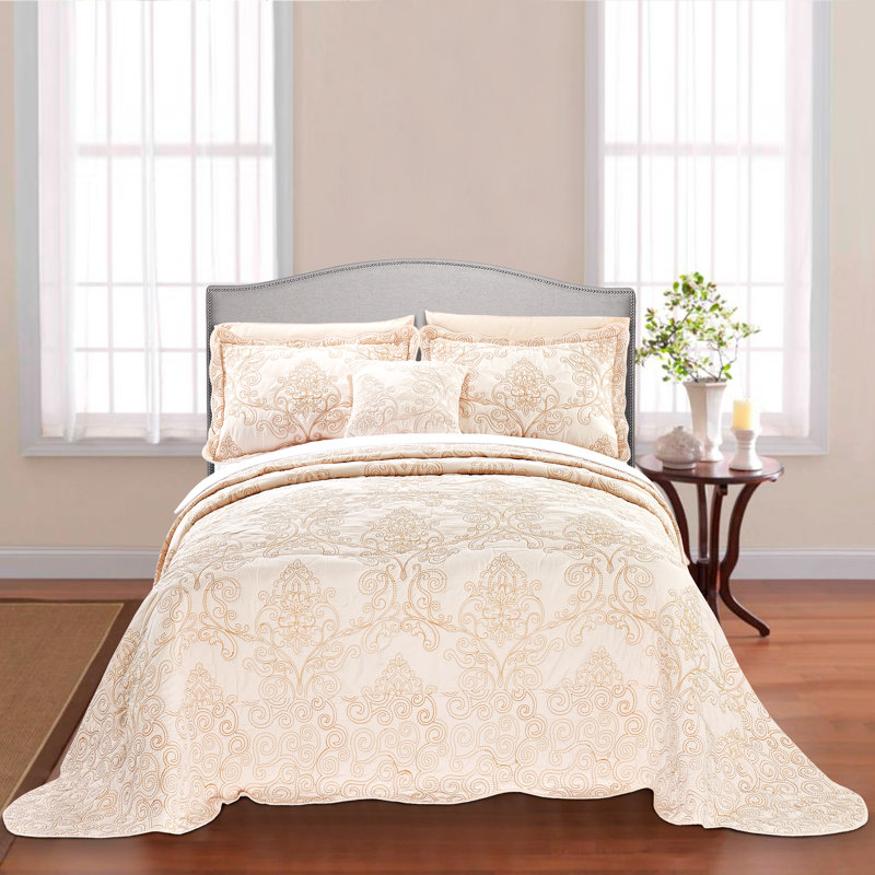4 Piece Damask Oversized Embroidery Bedspread Set, Courtepointe grand lit + 2 taies décoratives pour, Saumon