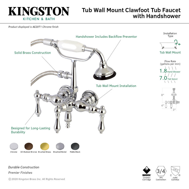 Kingston Brass Aqua Vintage Three-Handle 2-Hole Tub Wall Mount Clawfoot Tub Faucet with Hand Shower, Polished Chrome