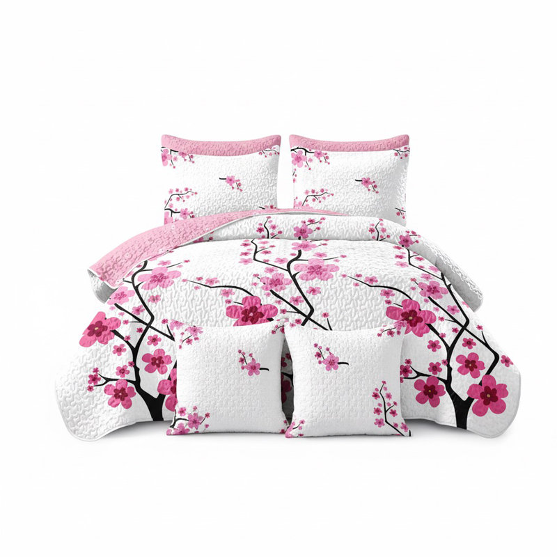 Ensemble de literie 5 pièces pour grand lit fleur de cerisier rose (grand / très grand / très grand californien) - courtepointe en microfibre + taies décoratives
