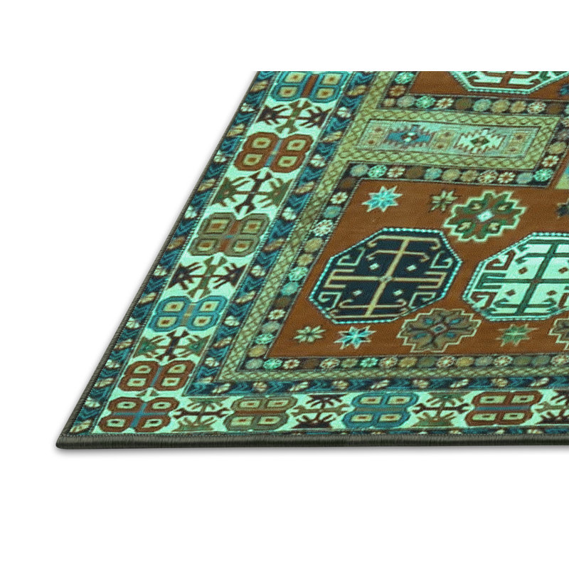 Tapis turquoise / orange / bleu marine tissé à la machine, Rectangle 2 pi x 3 pi