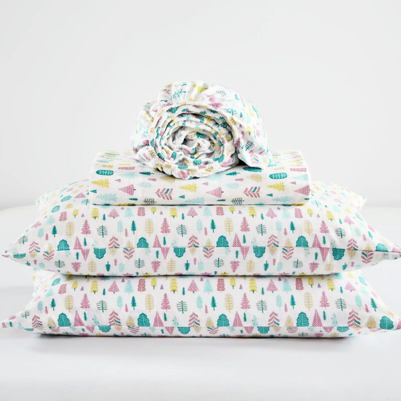Drap en flanelle de coton grand format, 4 pièces, imprimé blanc des arbres des Fêtes, pièces chaudes et lavables à la machine, imprimé chaud, lavable, ajusté et élastique pour une bonne couverture