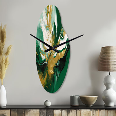Green And Gold Liquid Magic II - Curved Shape Decorative Green Abstract Wall Clock