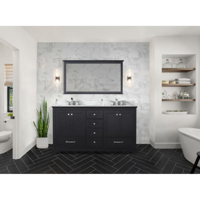 Espresso Double Bath Vanity 60 In. W X 22 In. D, Carrara Marble Top, Faucet Set, And 58 In. Mirror