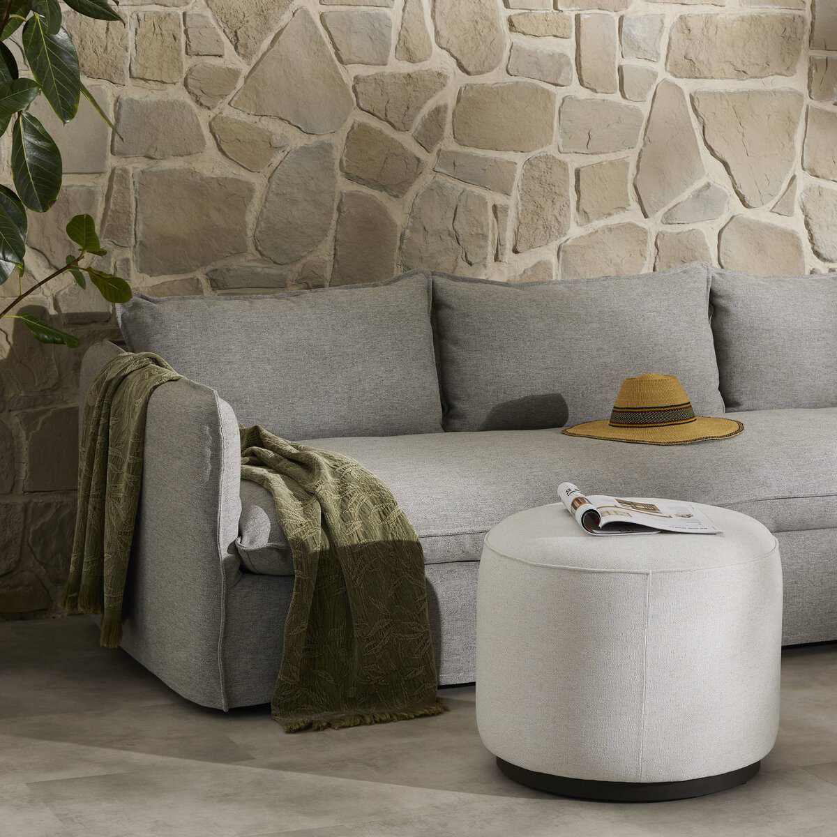 Devin Round Outdoor Ottoman with Cushion, Cream
