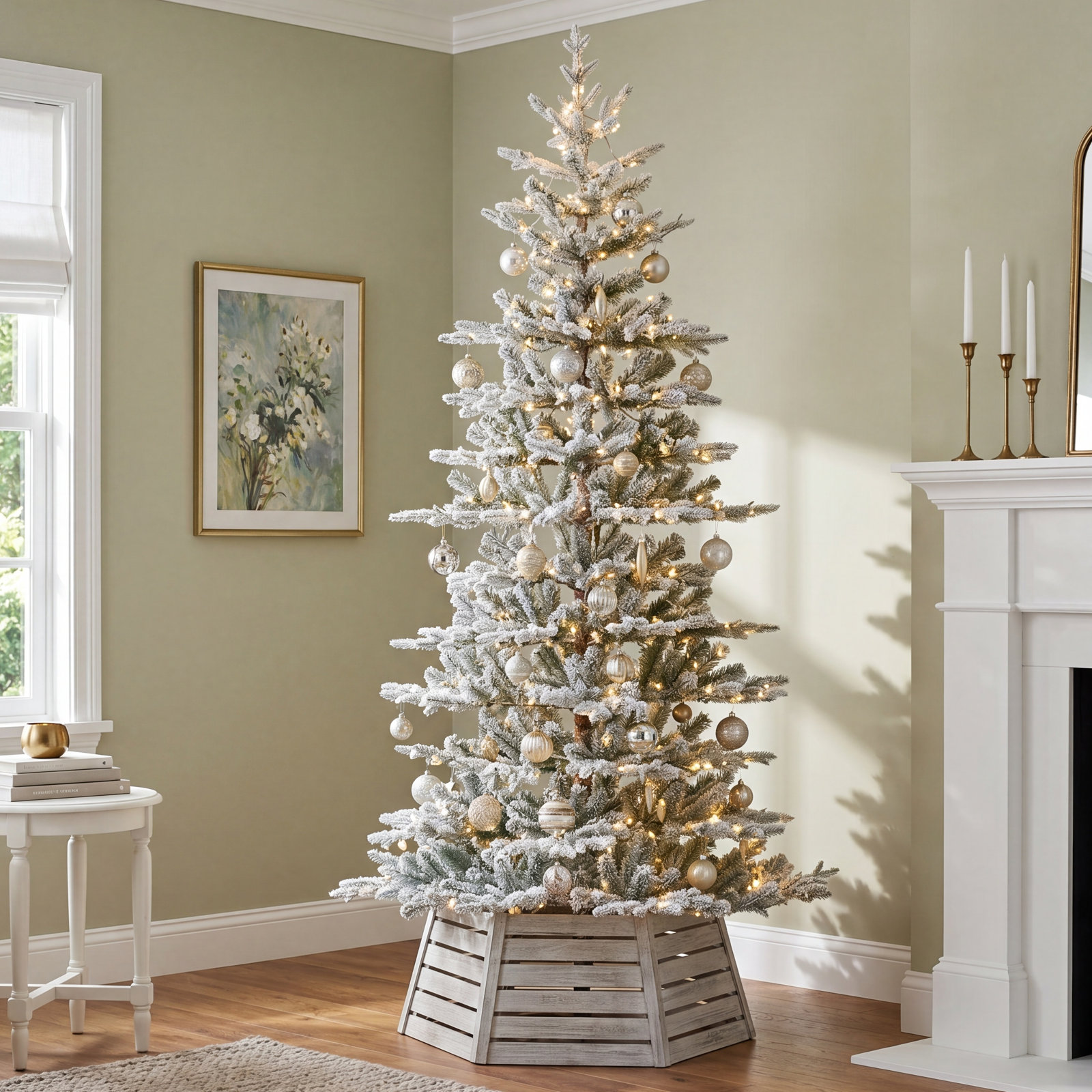 Johvan Deluxe Pre-Lit Slender Flocked Realistic Fir Christmas Tree with Twinkling Lights, 8' H