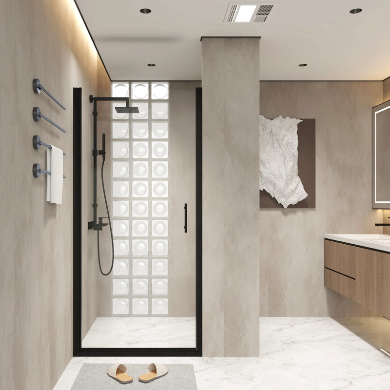 Pivot Shower Door, Matte Black Aluminum Frame, Half Frame ,1/4"(6Mm) Tempered Glass Explosion Proof Film