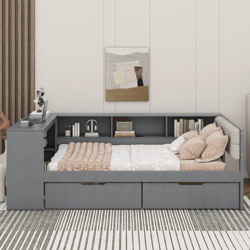 Lit plateforme avec tablettes de rangement, tiroirs, station de charge et tête de lit tapissier, Gris, Double