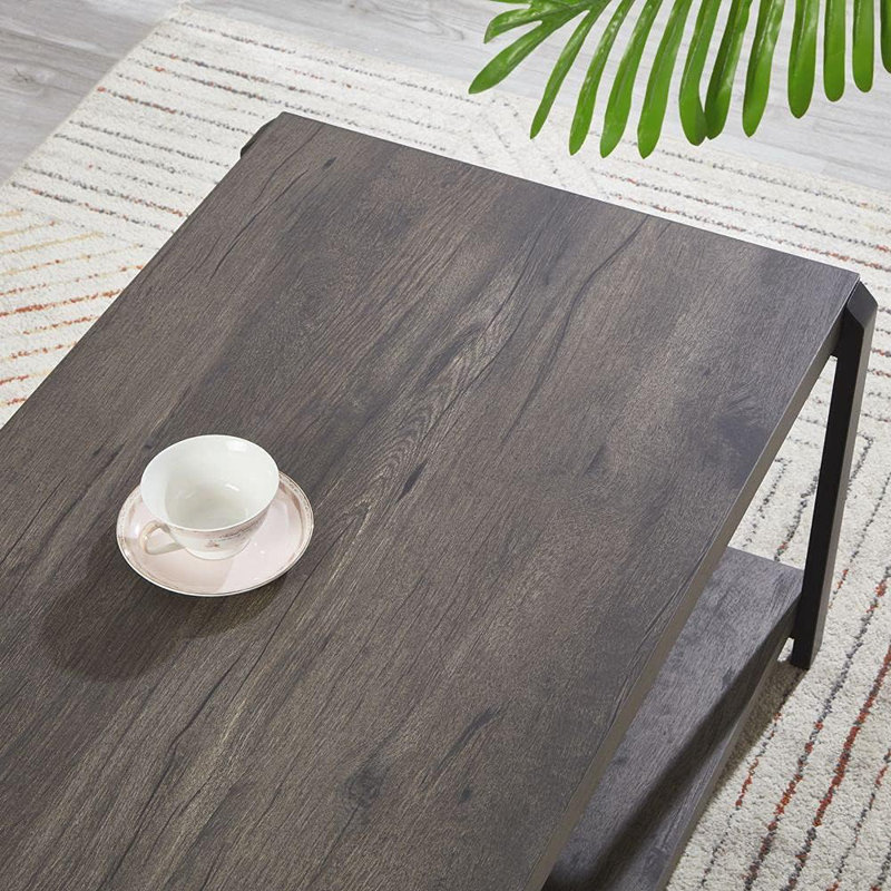 Rustic Grey Wood and Black Metal Coffee Table with Storage Shelves