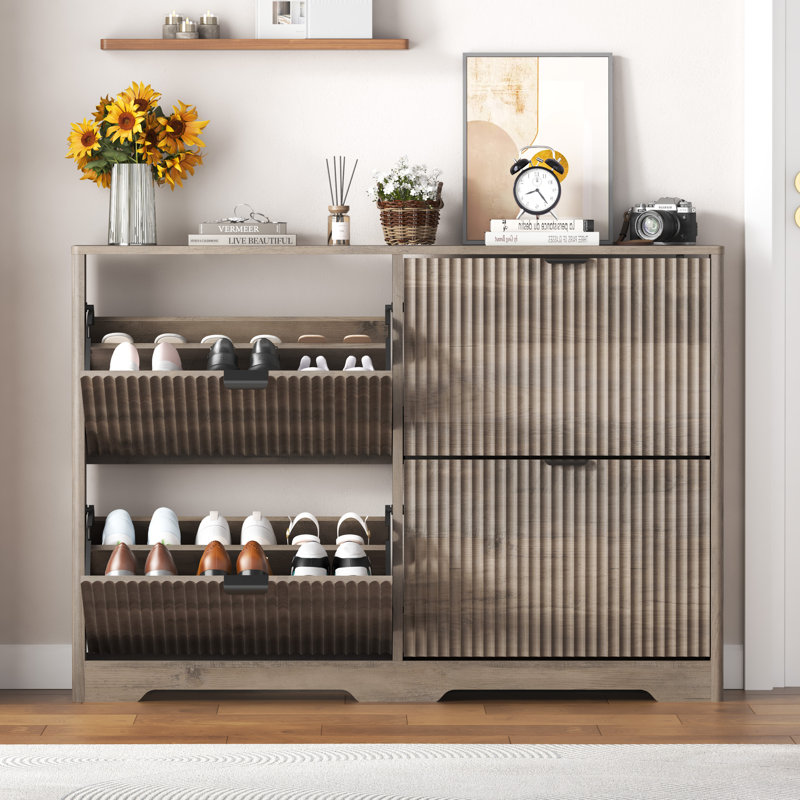 33-inch Wavy-Patterned Four-Door Shoe Cabinet with Grooved Flip-Top Drawers and Moisture-Resistant Countertop, Gray