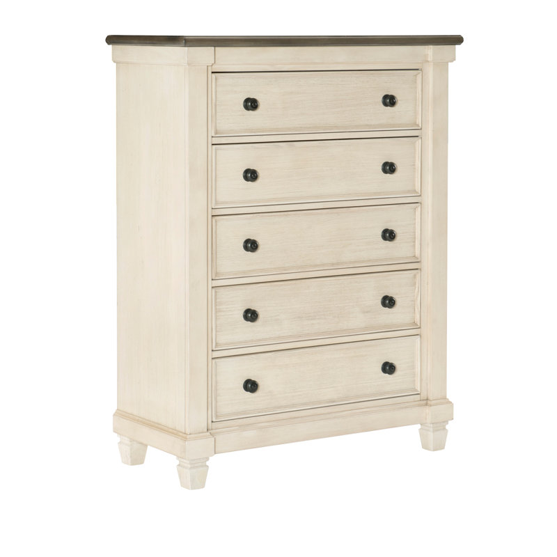Commode 5 tiroirs Sofia, Blanc antique / brun rosé